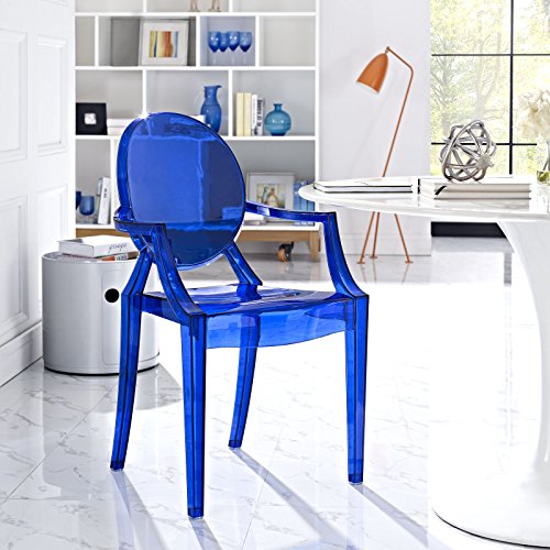 EEI-121-BLU Casper Modern Acrylic Stacking Kitchen and Dining Room Arm Chair in Blue - Fully Assembled