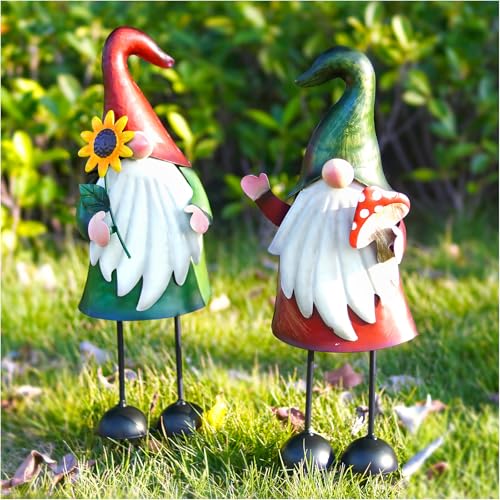 Metal Gnome Yard Art Outdoor Gnomes Garden Statue 18 Inch Gnome Figurine Decorative Stakes for Holiday Christmas Lawn Patio Yard Garden Decor (2 Count)