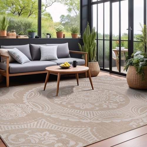 Medallion Outdoor Rug 10x14 Washable Outside Carpet for Indoor Patio Porch Waterproof Easy Cleaning Non Shedding Area Rugs Beige 10 x 14