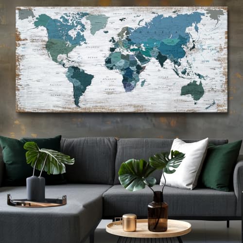 Teal Decor map of the world Canvas Wall Art Pictures for Living Room Decoration Blue Wall Decor Office World Map Art Picture Framed Artwork for Home Bedroom Decoration 40"x79"
