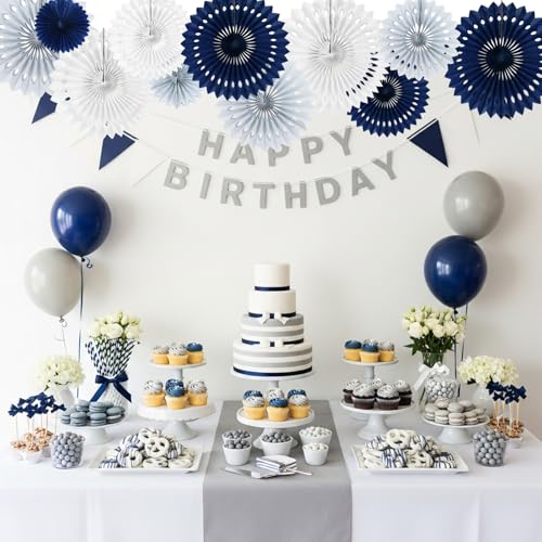Honeycomb Round Paper Fan Blue Gray White Hanging Party Decoration (11 Count)