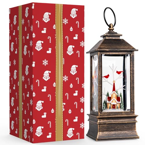 Christmas Snow Globe Lantern Water Glittering Cardinal & Church with Music & Timer
