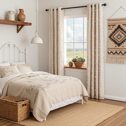 Beige Pom Pom Blackout Curtains for Girls Bedroom 63 Inch Long 100% Room Darkening Curtain for Kids Room 2 Panels Small Window Treatment Grommet 2 Layered Drapes Toddler 50W x 63L (2 Count)