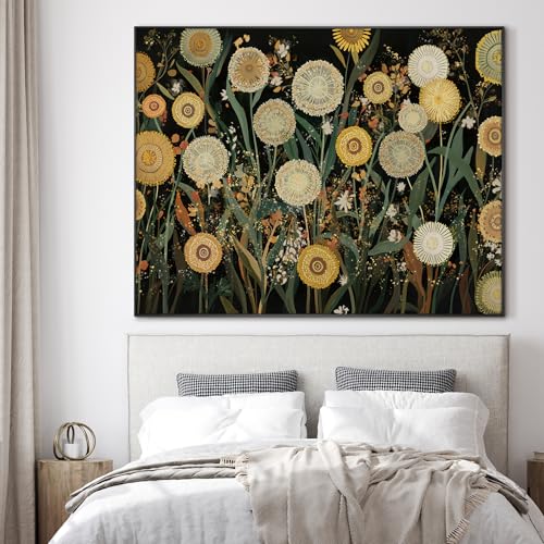 36"x46" Extra Large Framed Wall Art Whimsical Dandelion Field in Yellow and Green