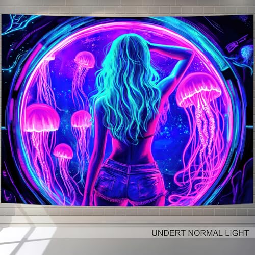 Sexy Woman Jellyfish Tapestry Blacklight Tapestry 59x78 Inch