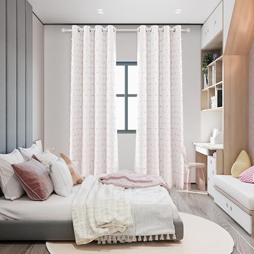 100% Blackout Curtains for Girls Bedroom 80 Inch Long Total Light Blocking Curtains for Living Room 2 Panels Room Darkening Grommet Window Drapes with Pink Pom Pom Sheer 50W x 80L