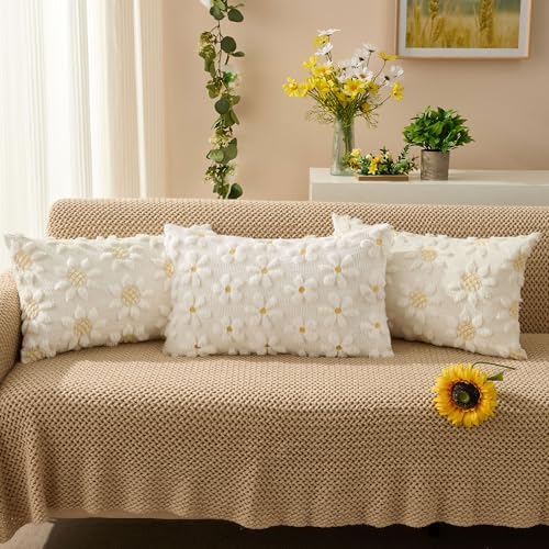 Spring Summer Pillow Covers 12x20 inch Set of 2 White Daisy (2 Count)
