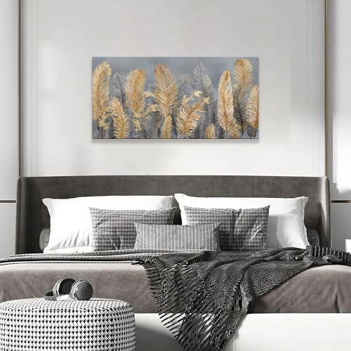 Canvas Wall Art Decor Gold Boho Canvas Art Wall Decor For Living Room Grey Boho Aesthetic Feather Wall Decor Artwork Modern Wall Art Decor Artwork For Home Bedroom Office Wall Decor 20×40 Inch