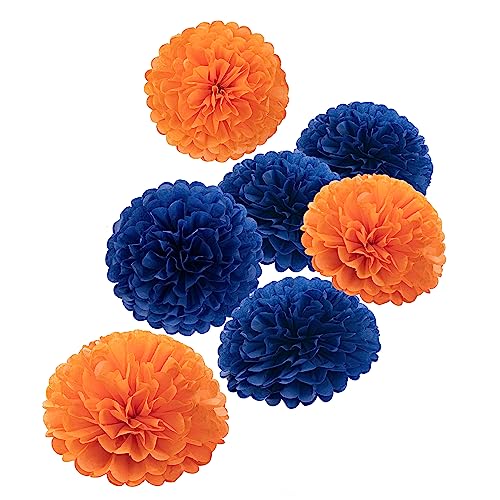 Orange Navy Blue Tissue Paper Pom Poms Party Decorations Paper Flowers (18 Count)