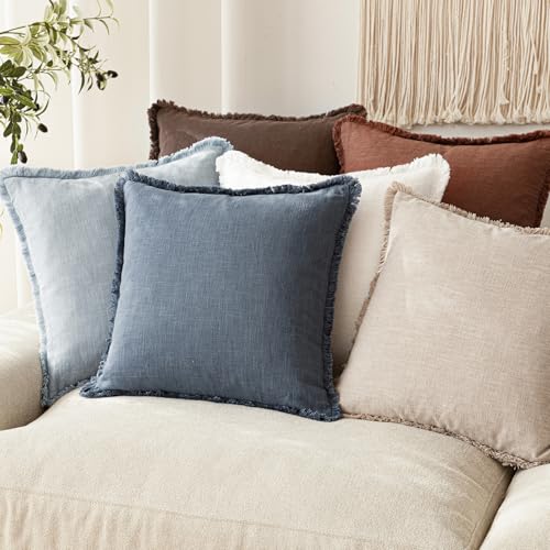 Boho Linen Fringe Lumbar Throw Pillow Covers 12×24 Sky Blue (2 Count)