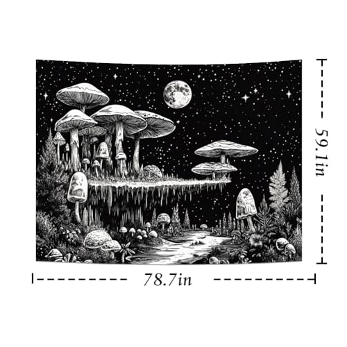 Black and White Mushroom Tapestry Fantasy Plant Floral Tapestries Moon Star Tapestries Starry Sky Tapestry Wall Hanging for Bedroom Decor