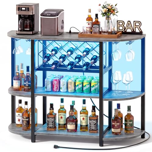 Rustic Walnut Industrial Bar Cabinet with LED Lights & Charging Station