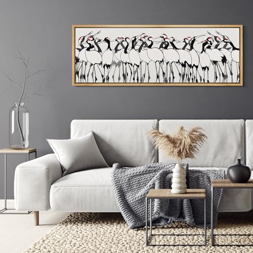 Large Framed Canvas Print Wall Art Minimalist Crane Flock Japanese Ink Style Bird Illustrations Decorative Colorful Multicolor for Bedroom