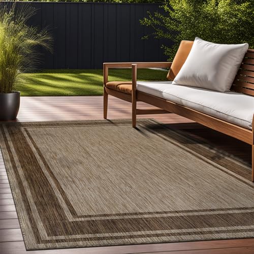 Outdoor Rug 8x10 Modern Bordered Area Rugs for Indoor and Outdoor Patio Deck Porch Garden Waterproof Weather Sun Resistant Washable Outside Carpet (80 Sq Ft)