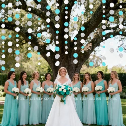 Teal Blue Silver White Party Polka Dot Garland Banner Aqua Turquoise Glitter Silver White Hanging Paper Circle Dots Streamer for Birthday Wedding Bridal Shower Party Decorations Supplies