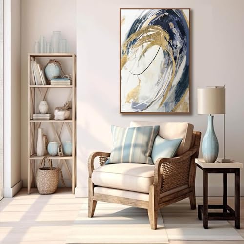 Gold Wall Decor Living Room Abstract Wall Art Blue Paintings Bedroom Aesthetic Frame Wall Decorations Large Artwork for Home Office 24x36 Inch