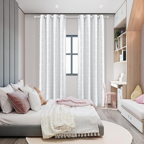 White Curtains 100% Blackout Curtains for Bedroom 80 Inch Long Light Blocking Drapes for Girls Room Thermal Insulated Room Darkening Curtains with Pom Pom Sheer Grommet Set of 2