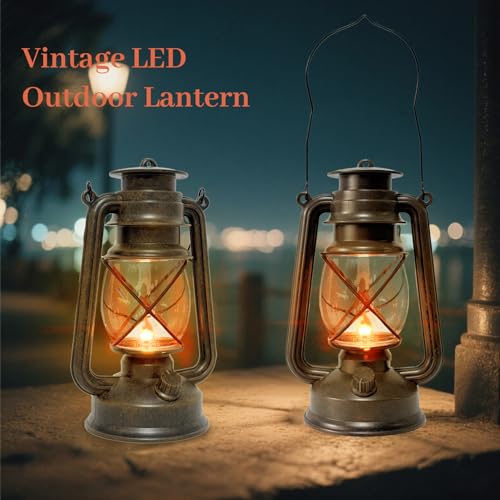 2 Pack LED Vintage Lantern Battery Powered Lanterns with Flame Wick Waterproof Camping Lamp Vintage LED Flame Lamp Hanging Lantern Lights Landscape Patio Garden Pathway Decor for Indoor (2 Count)