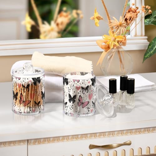 2 Pack Qtip Holder Organizer Dispenser Black Pink Butterflies Hearts Bathroom Storage Canister Cotton Ball Holder Container for Cotton Pads (2 Count)
