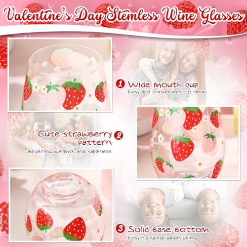 2 Pack 17oz Strawberry Stemless Wine Glasses for Women Strawberry Cups Colorful Conversation Drinking Glass for Gift Birthday Party Supplies Graduation Gifts Theme Events (2 Count)