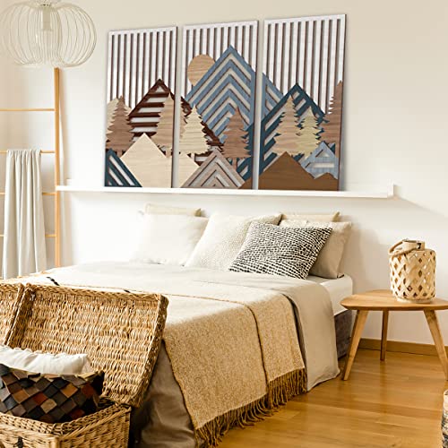 Abstract Mountain Wood Wall Art Large Geometric Forest Pine Trees Wooden Wall Decor Boho Sun Nature Landscape Wall Decor for Bedroom Living Room Office