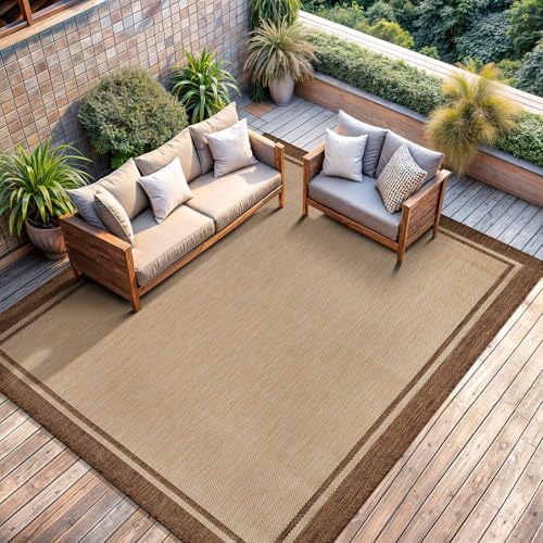 Outdoor Rug 8x10 Bordered Natural Brown Modern Area Rugs for Indoor and Outdoor Patios (80 Sq Ft)