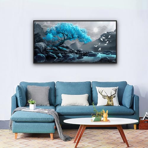 Large Black Framed Wall Decor For Living Room Canvas Wall Art For Office Modern Wall Decorations For Bedroom Blue Tree Landscape Painting Farmhouse Pictures Artwork Home Decor 24x48 In