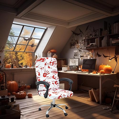 Halloween Office Chair CoversHorror Bloody Handprints Footprints on White Horror Theme Print Stretchable Slipcover for Modern Simplism Style High Back Boss Chair
