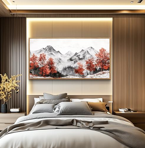 Large Canva Wall Decor For Living Room Wood Framed Wall Art For Bedroom Office Murals Red Tree Ink