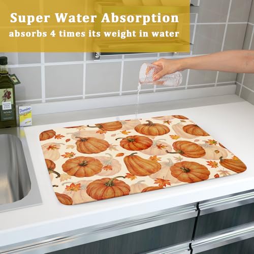 Fall Dish Drying Mat for Kitchen Counter Watercolor Pumpkin Autumn Festival Super Absorbent Reversible Microfiber Kitchen Countertop Protector Dishes Pad Large 18x24 inch
