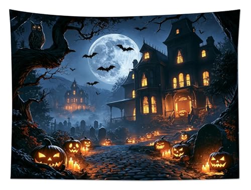 Spooky Halloween Tapestry Black Castle Bat with Pumpkin and Moon Wall Tapestry Spooky Forest Wall Art Decor for Bedroom