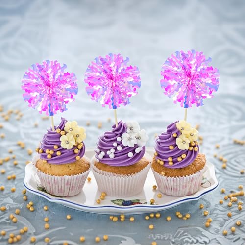 30Pcs Foil Firework Cupcake Toppers Happy Birthday Cake Toppers Tinsel Flower Drink Stirrers Cocktail Food Fruit Toothpicks for Valentine's Day Party Decorations Rose Red (30 Count)