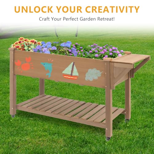 Raised Garden Bed with Lockable Wheels Mobile Elevated Wood Planter