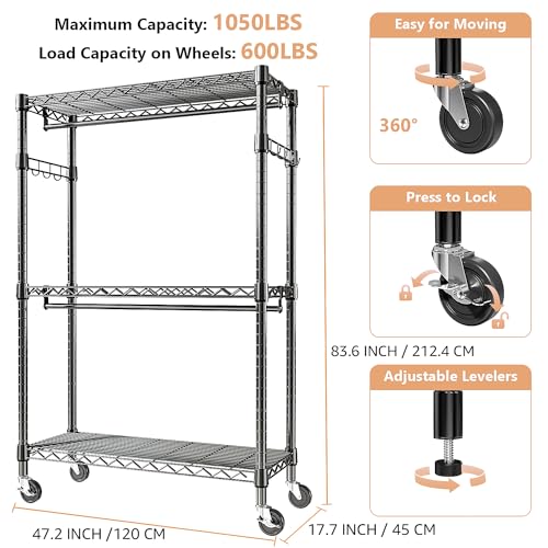 Heavy Duty Rolling Garment Rack 3 Tiers Adjustable Wire Shelving Clothes Rack with 2 Rods and Side Hooks