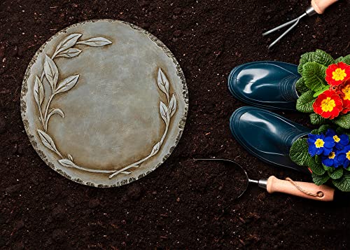 NAT & Jules Floral Laurel Wreath Leaves Pattern Dimensional Indoor Outdoor 12 inch Round Cast Resin Decorative Garden Stepping Stone