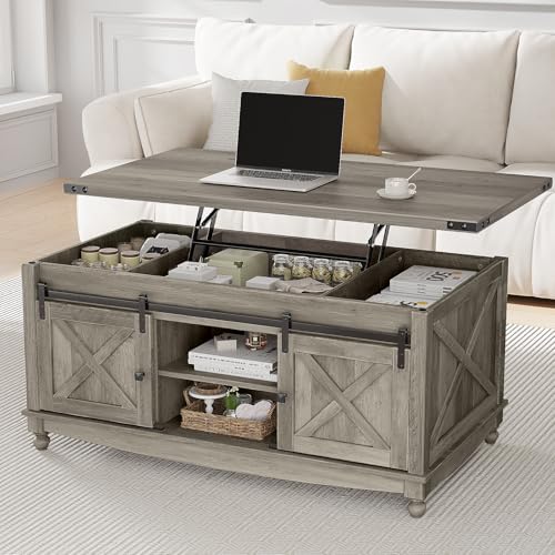 48" Farmhouse Lift Top Coffee Table with Storage Sliding Barn Door & Large Hidden Compartment