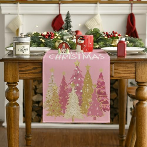 Pink Xmas Trees Table Runner Home Party Decor 13x120 Inch