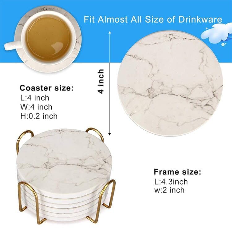 White Marble Coasters Set of 6 Absorbent Ceramic Cute Drink Coaster Holder (6 Count)