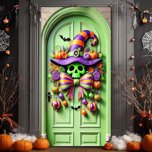 Halloween Door Cover Skull Witch Bow 35x71 Inch Polyester