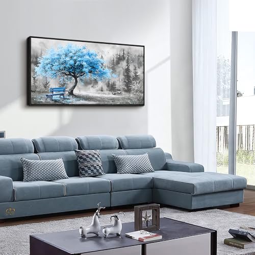 Black Framed Canvas Wall Art For Living Room Wall Decor For Bedroom Office Wall Decoration Blue Tree Landscape Painting Black And White Picture Artwork Room Aesthetic Home Decor 20x40 In
