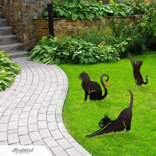 I 3 Pack Steel Cat Garden Decor I Outdoor Yard Decorations I Gift for Cat Lovers I Lawn Ornaments and Statues I Garden Signs Decorative Outdoor