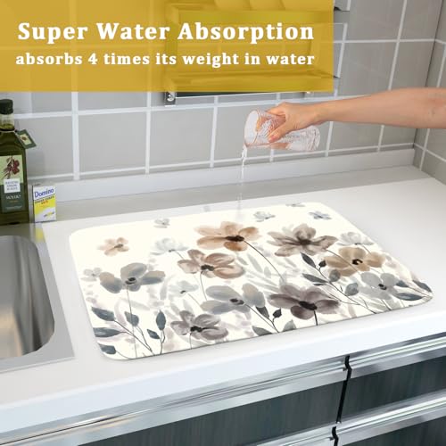 Floral Dish Drying Mat for Kitchen Counter Watercolor Cute Flower Super Absorbent Reversible Microfiber Kitchen Countertop Protector Dishes Pad Large 18x24 inch