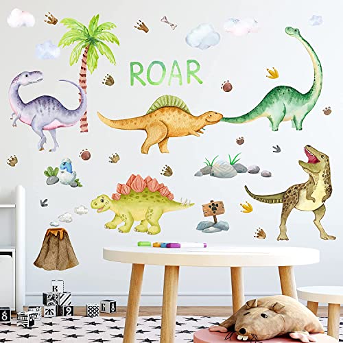 Dinosaur Wall Decals Glow in The Dark Vinyl Watercolor Dinosaur Decal Large Removable Dino Wall Stickers for Boys Bedroom Kids Girls Baby Nursery Playroom Living Room Wall Decor (4 Count)