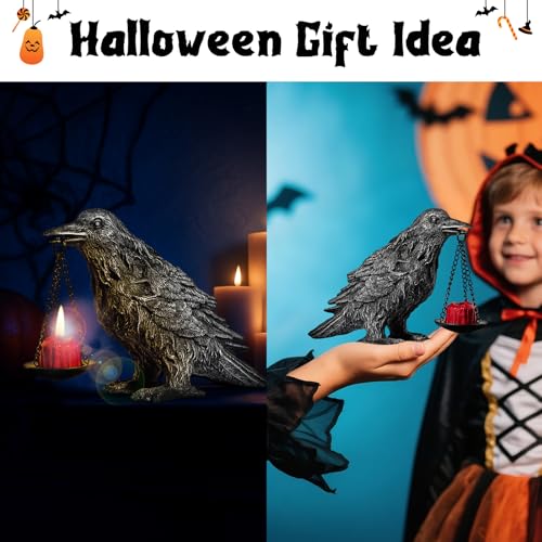 Gothic Crow Lamp with Tealight Candle Holder Resin Raven Decor Statue Gothic Home Decor for Bedroom Unique Goth Gifts Half Silver 2P (2 Count)