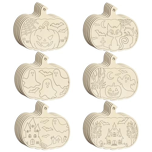 36PCS Wooden Pumpkins Ornaments to Paint Halloween Thanksgiving Decoration Cutouts Unfinished 3.5 inches (36 Count)