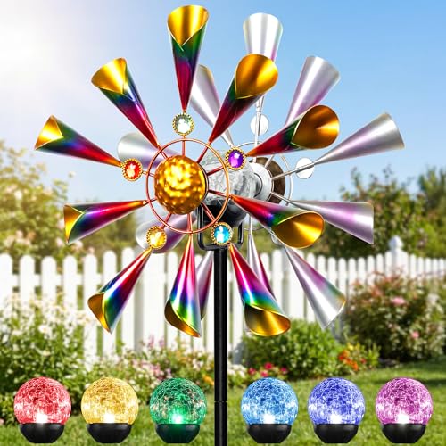 Solar Wind Spinner Outdoor Metal Garden Decor with Color LED Glass Ball