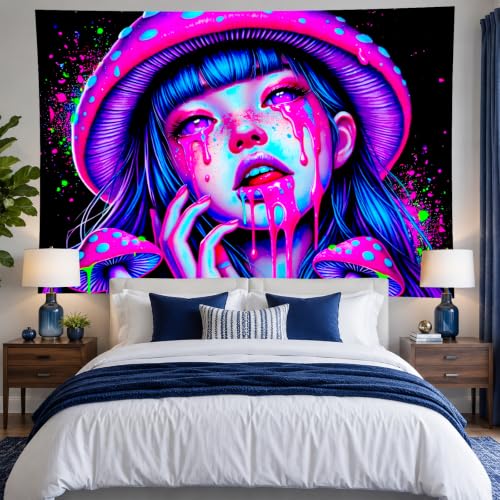 Blacklight Tapestry Girl 78x59 Inch Blacklight Mushroom Tapestry