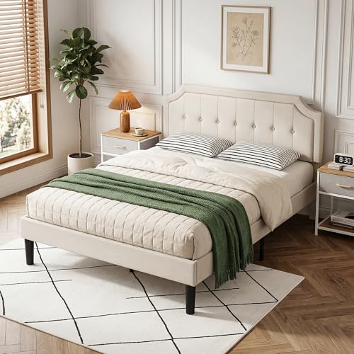 Queen Size Bed Frame with Fabric Upholstered Headboard