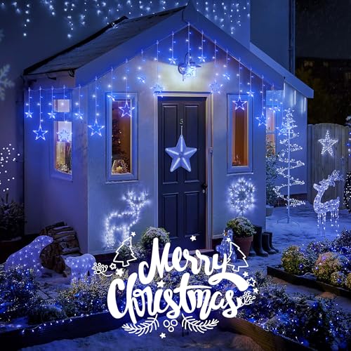 8.2FT 126L Blue White Christmas Star Icicle Curtain Lights Indoor (126 Count)