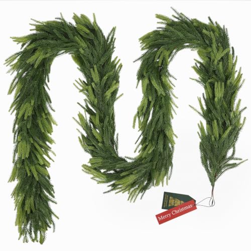 9FT Christmas Norfolk Pine Garland Real Touch Pine Artificial Garlands Faux Greenery Garland Winter Christmas Garland for Table Mantle Fireplace Indoor Outdoor Xmas Decorations (6 Count)